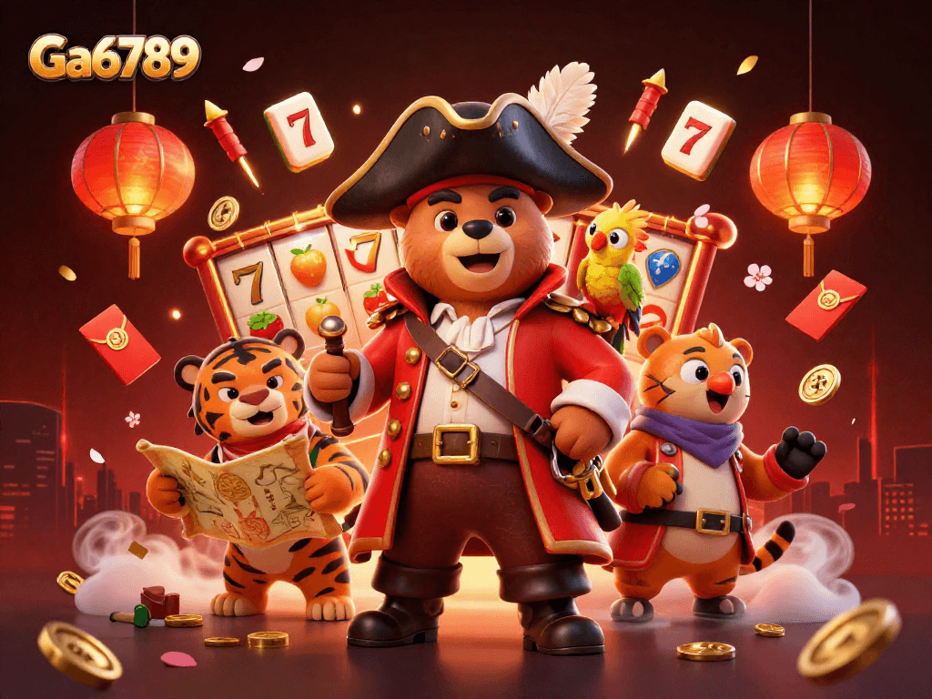 Engage with Ga6789 at an exciting casino scene with a pirate bear and rich gaming elements.