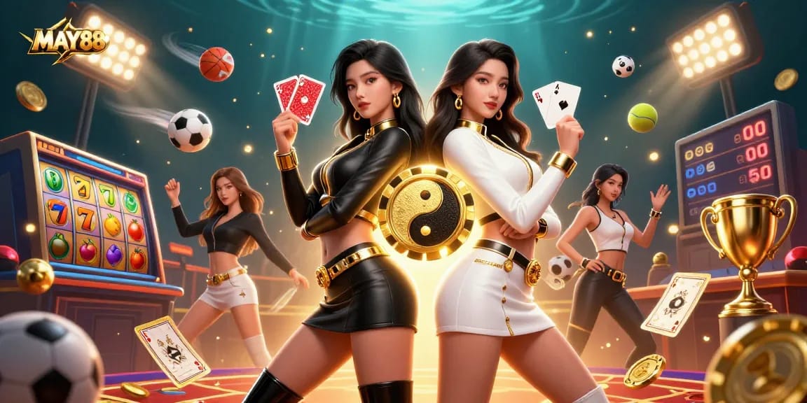 MAY88 showcases twin Asian women in a dynamic casino scene, with vibrant elements enhancing excitement.