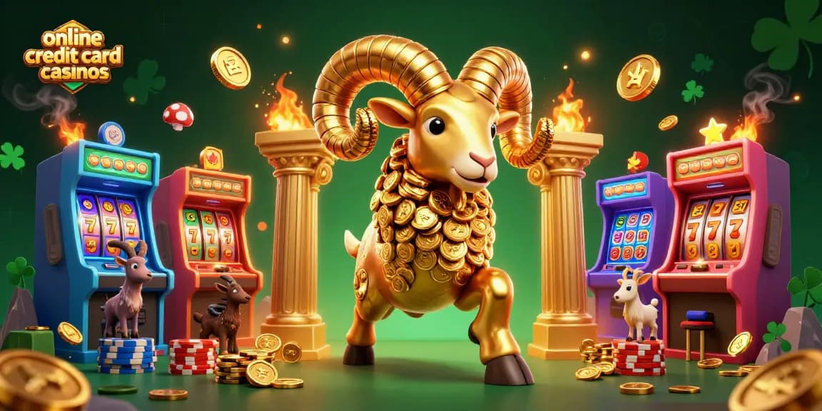 Engage with online credit card casinos featuring a golden ram charging through a casino-themed scene.