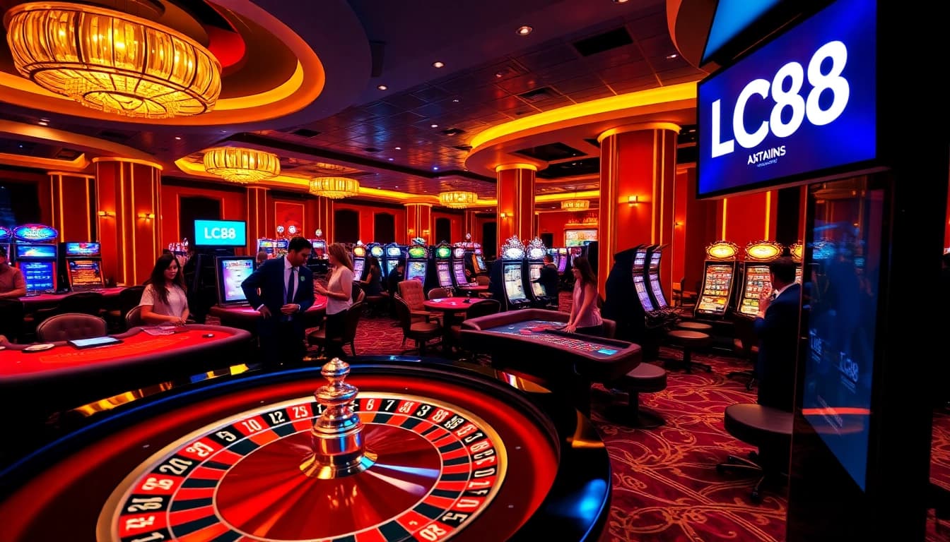 Experience a thrilling gaming atmosphere at LC88 with roulette and excited players.