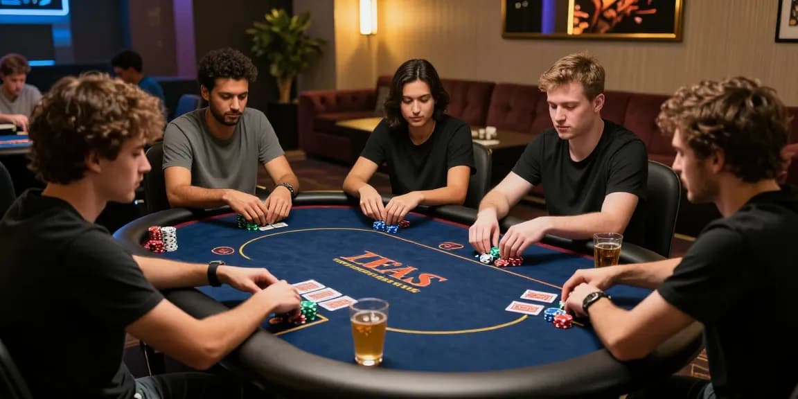 Permainan dewapoker yang menarik dengan pemain di meja poker modern.