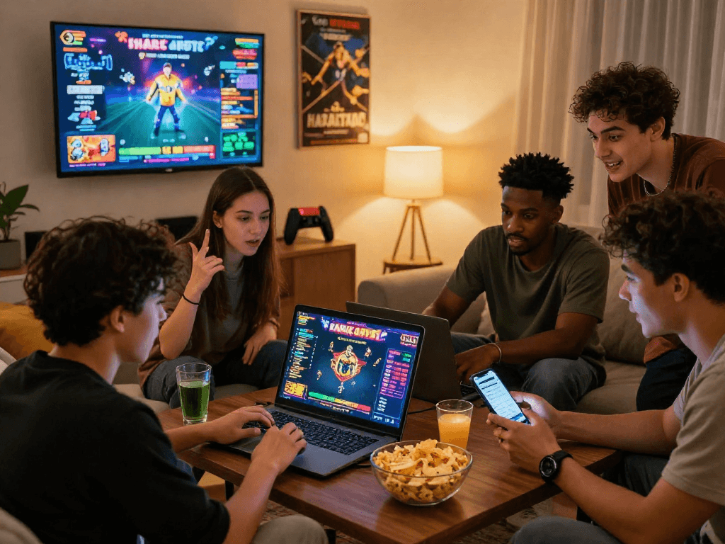 Friends enjoying an engaging hargatoto gaming night with snacks and strategy discussions.