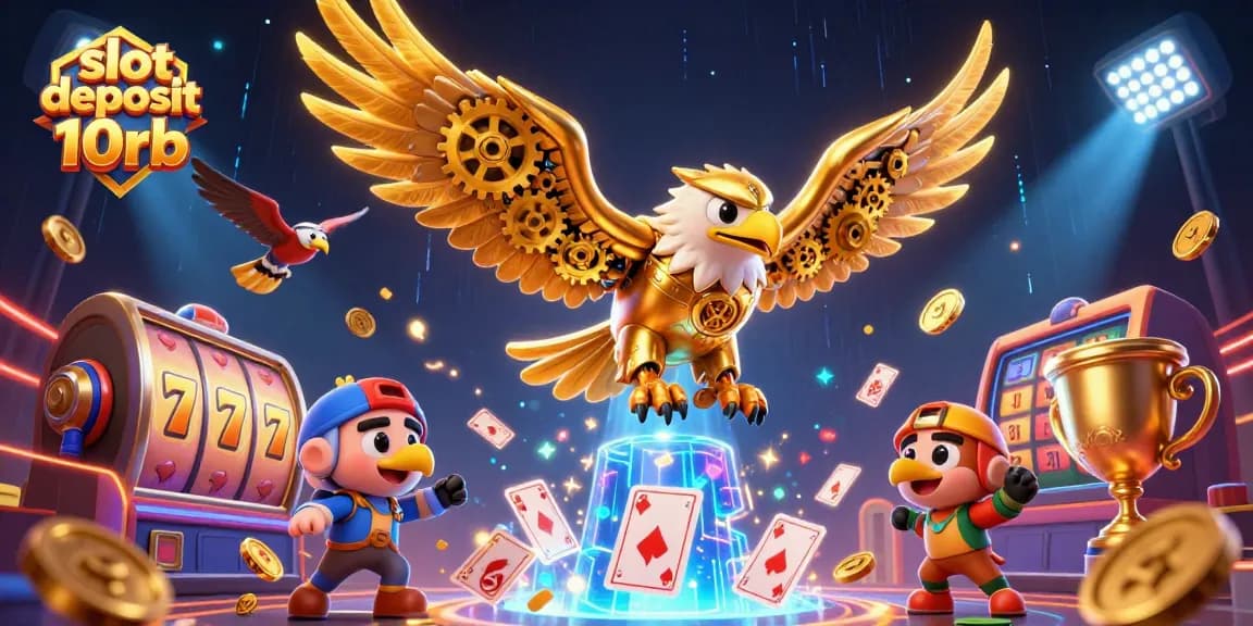 Experience thrilling slot deposit 10rb action with a golden eagle soaring among vibrant casino elements.