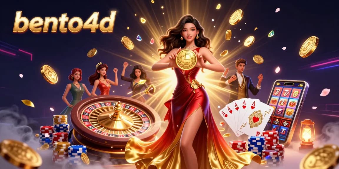 bento4d menampilkan adegan kasino 3D yang menakjubkan dengan seorang wanita Asia yang cantik memegang koin emas dan dikelilingi oleh elemen kasino yang dinamis.