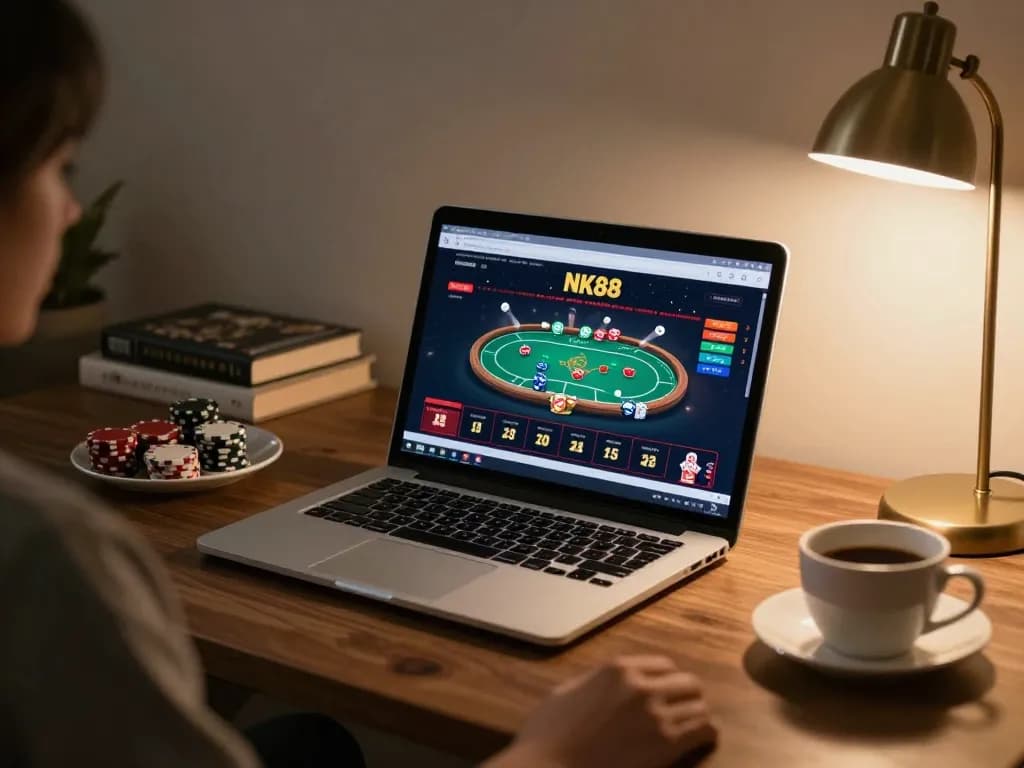 Experience strategic gameplay with NK88 in a cozy home setting, showcasing online casino interface.