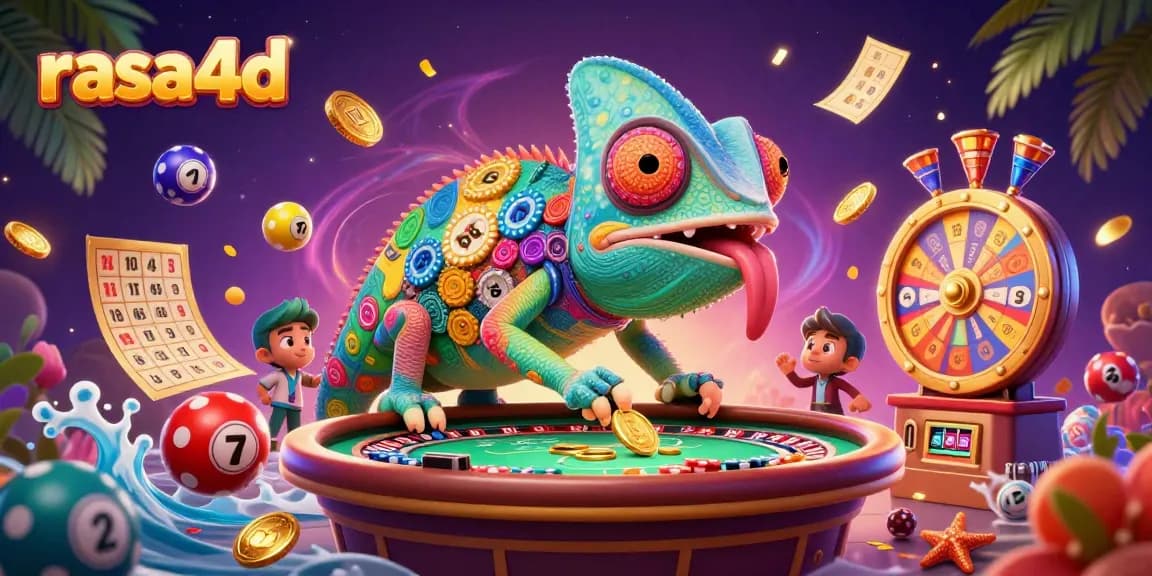 Melihat permainan berhadiah besar di kasino online rasa4d dengan chameleon pemilik unik yang mengumpulkan koin emas.