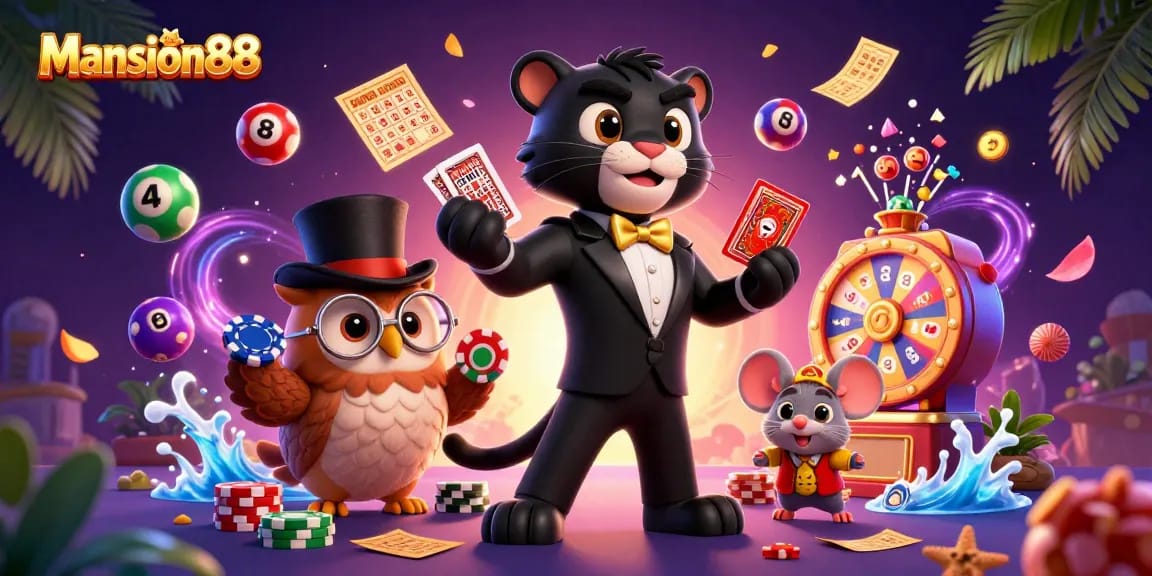 Mansion88 stylized 3D depiction showing a panther dealer with cards and elements of exciting online gambling.