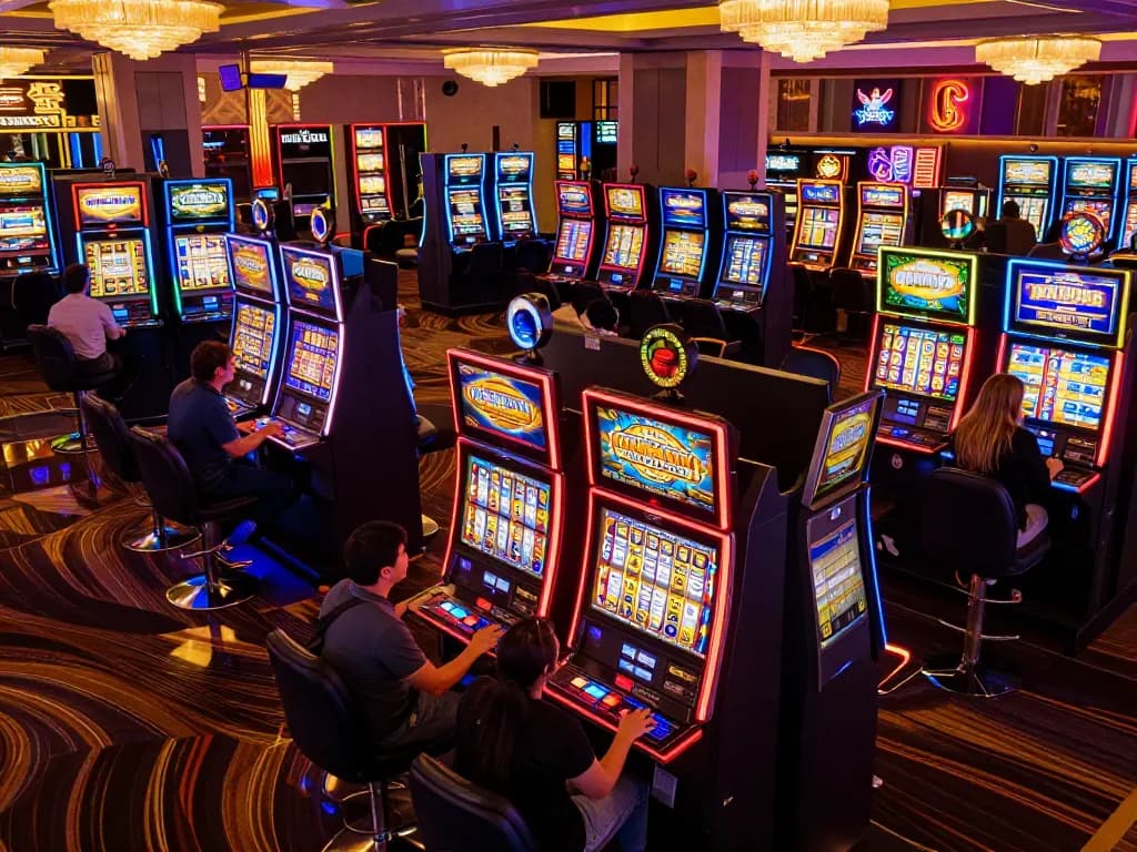 Players enjoying slots not on gamstop with colorful game displays in a lively casino.