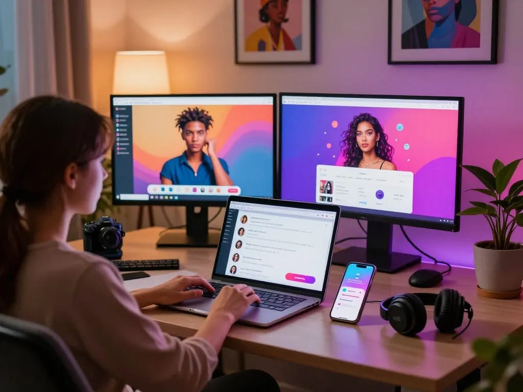 Engaging in ai sex chat with a vibrant AI chatbot setup in a cozy digital workspace.