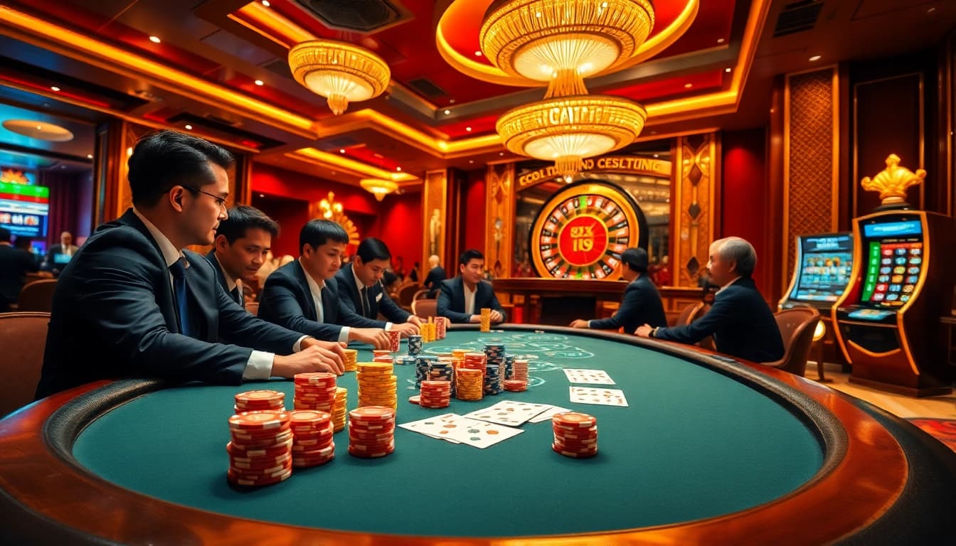 Lô Đề Trực Tuyến action with elite players at a poker table, vibrant casino atmosphere.