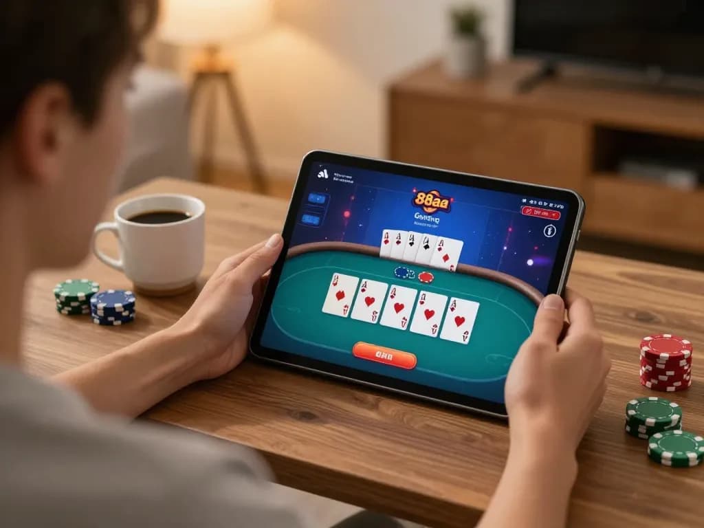Engaged player enjoying poker on tablet, showcasing 88aa online gaming experience in cozy home setting