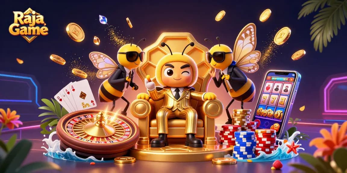 Play exciting games with Raja Game, featuring vibrant casino elements in a dynamic digital scene.