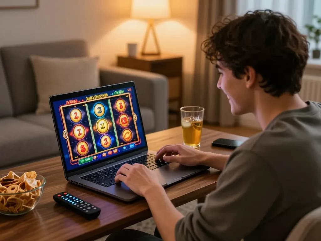 Seorang pemain menikmati sesi permainan slot aman788 yang menarik di laptop dalam pengaturan rumah yang nyaman.