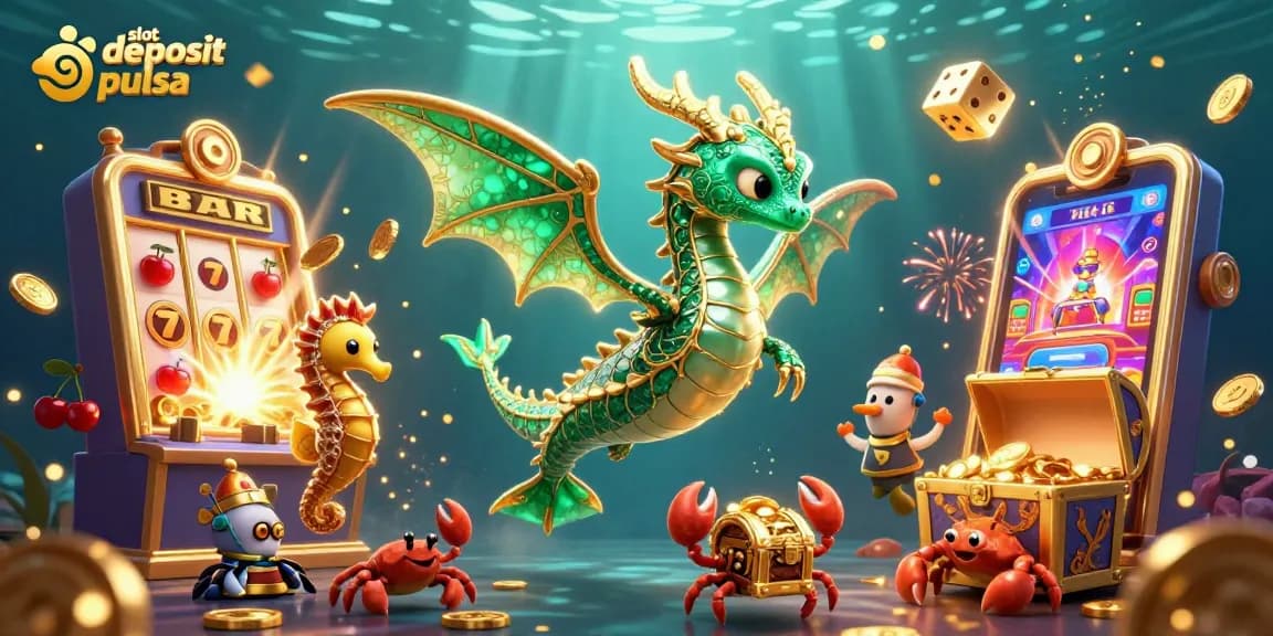Gambar menarik slot deposit pulsa yang menunjukkan jackpot dengan karakter naga laut dan hadiah berlimpah