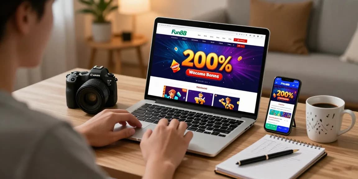 Fun88thaimeth online betting setup showcasing a user excitedly engaging with the 200% welcome bonus on a laptop.