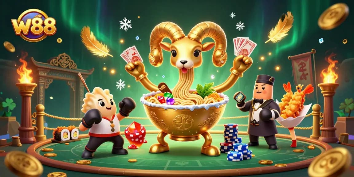 Engage in thrilling w88 gaming with a vibrant casino scene featuring dynamic characters and elements.