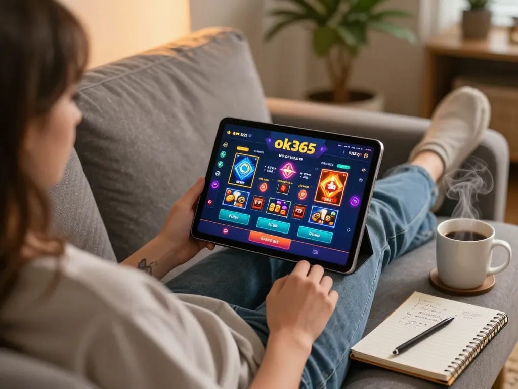 Engaged player enjoying ok365 online casino gameplay on tablet in cozy home setting