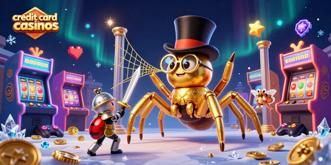 Engage in credit card casinos with a gold spider weaving webs among vibrant gaming elements.