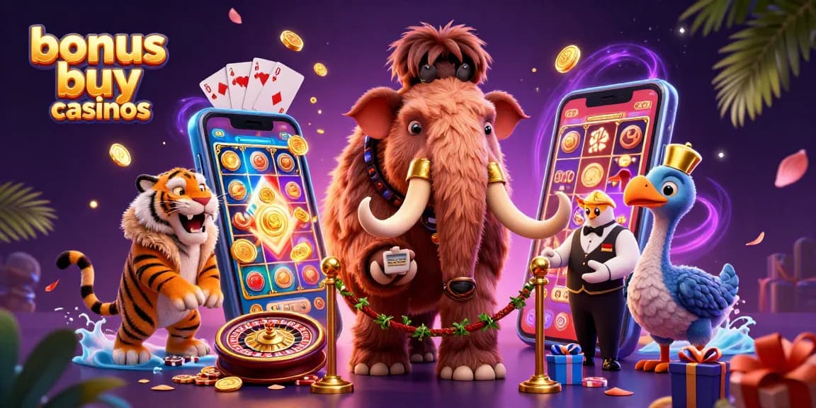 Vibrant 3D illustration showcasing bonus buy casinos with exciting characters and casino elements.