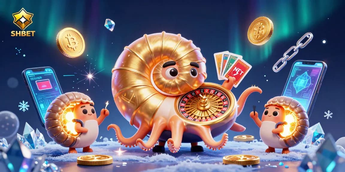 SHBET players engage in thrilling gameplay with a giant nautilus roulette wheel and glowing crypto coins.