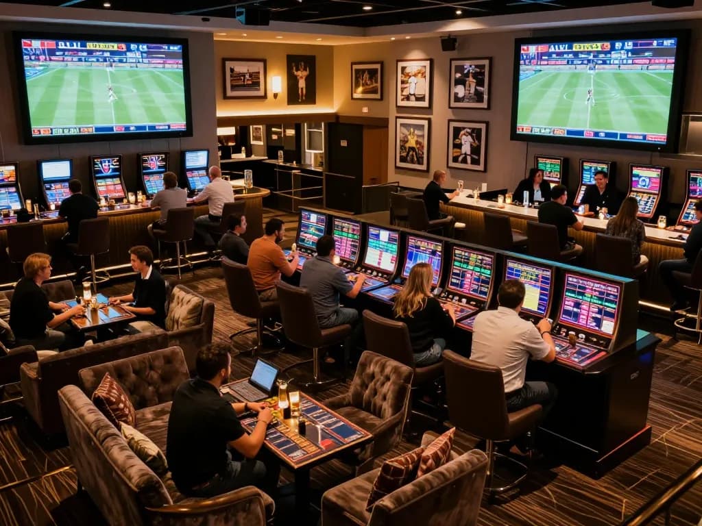 Patrons strategizing sports bets at a luxe lounge in a casino, highlighting tylebongda insights.