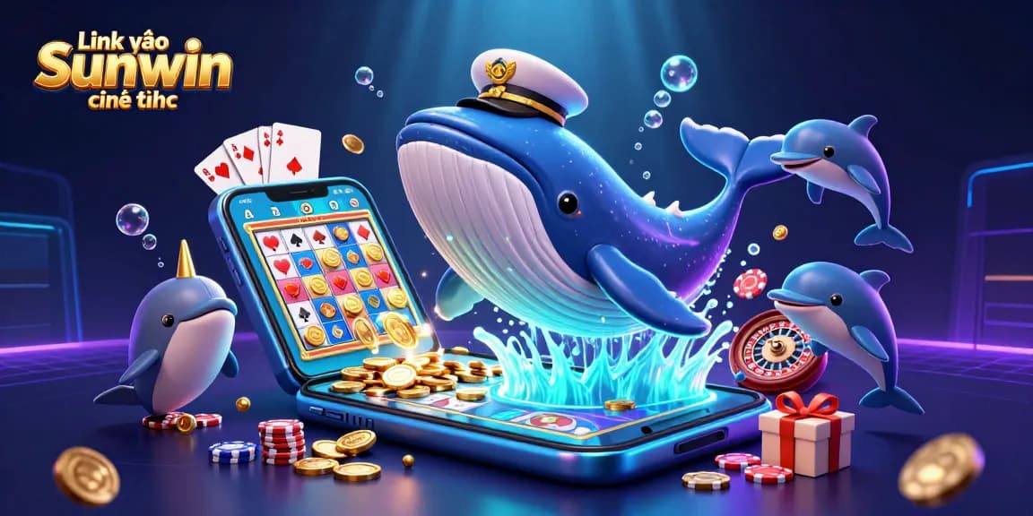 Experience fun and excitement with Link vào Sunwin chính thức where a giant whale, narwhal, and dolphins play amidst coins and poker chips.