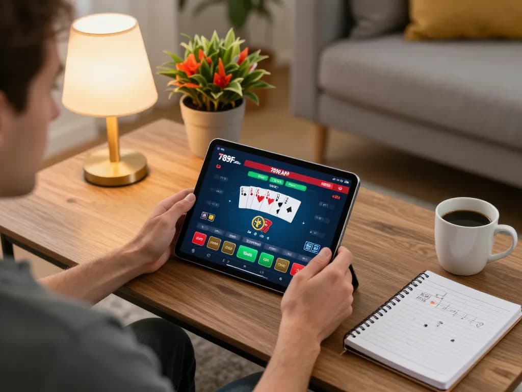 Playing poker with the 789F APP in a cozy setting, showcasing strategic betting notes.