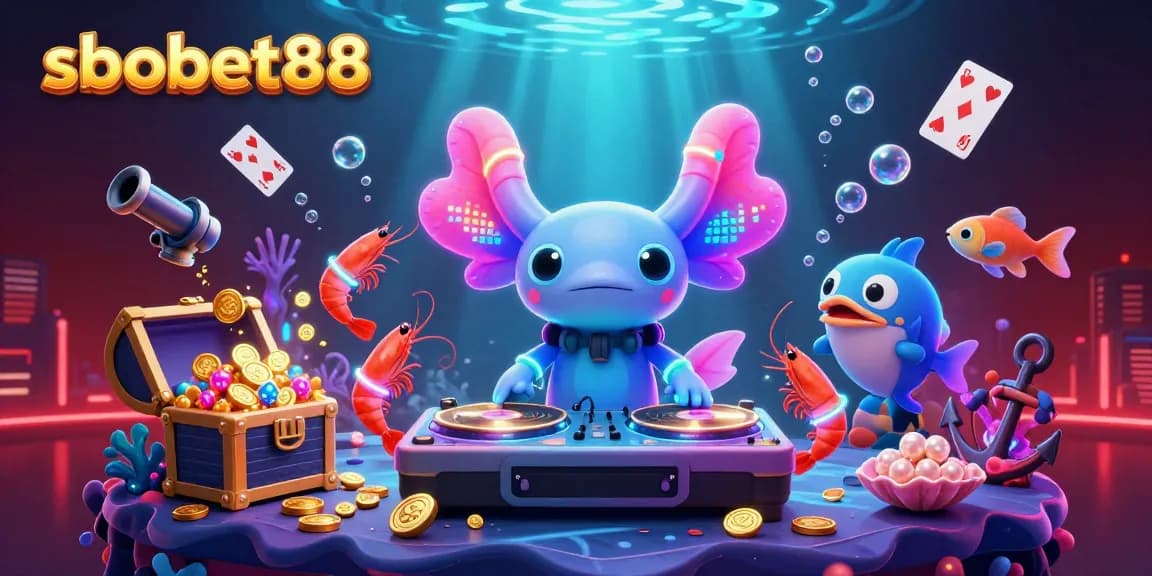 Experience the vibrant energy of sbobet88 with this underwater casino party illustration featuring lively sea creatures.