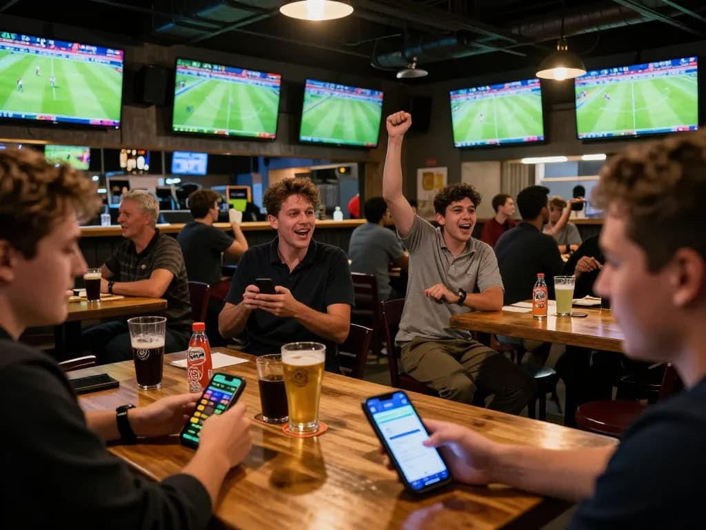 Engaging in Trực tiếp bóng đá betting action with friends in a lively sports bar, multiple screens showing live matches.