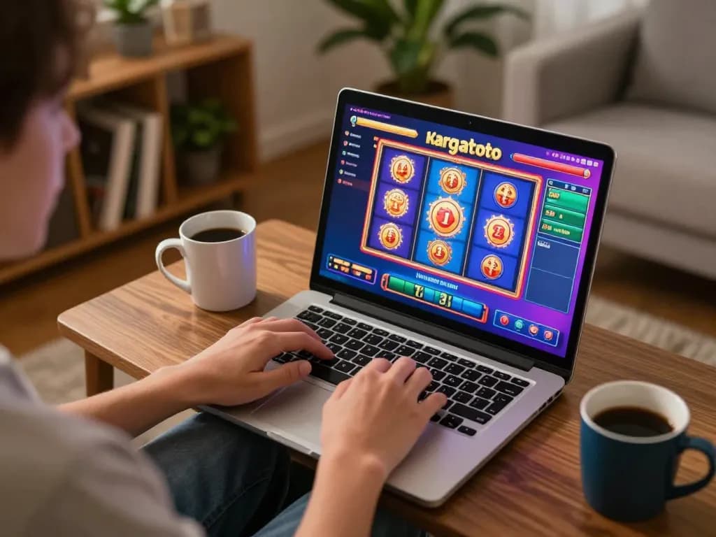 Gamer online menikmati slot hargatoto di laptop dalam pengaturan rumah yang nyaman dengan pencahayaan hangat.