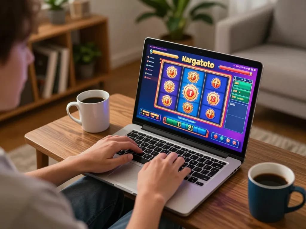 Gamer online menikmati slot hargatoto di laptop dalam pengaturan rumah yang nyaman dengan pencahayaan hangat.