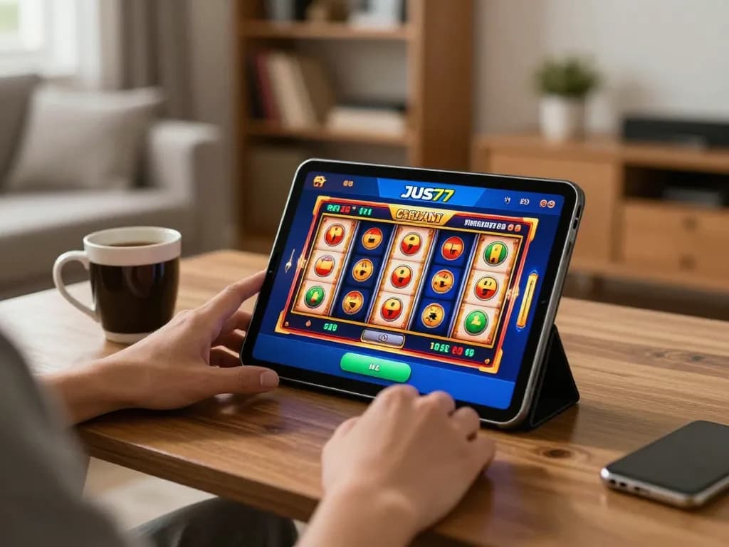Engage with Jus77 casino app for thrilling slot gameplay at home, showcasing the excitement of online gambling.