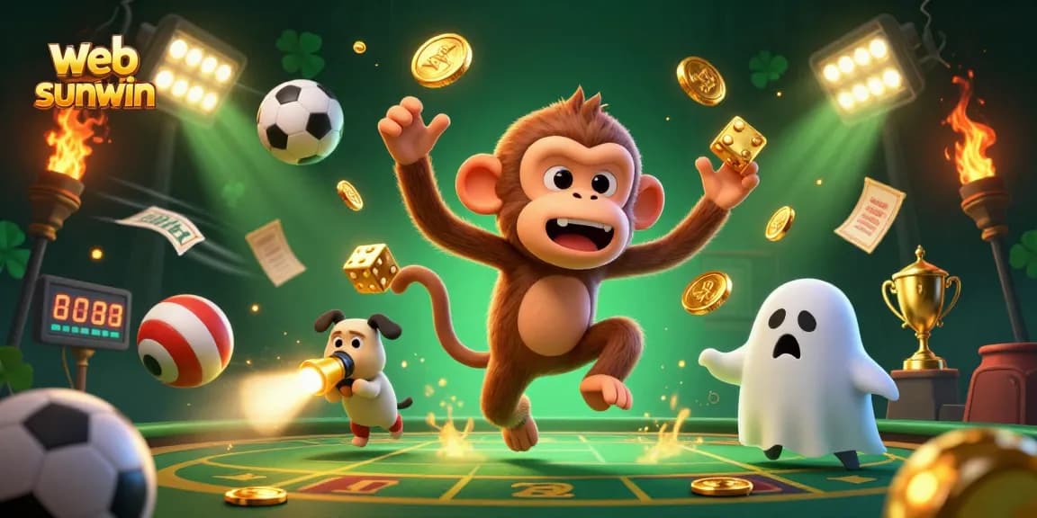 Engage with web sunwin's dynamic gaming scene amidst flying sports elements and golden treasures.