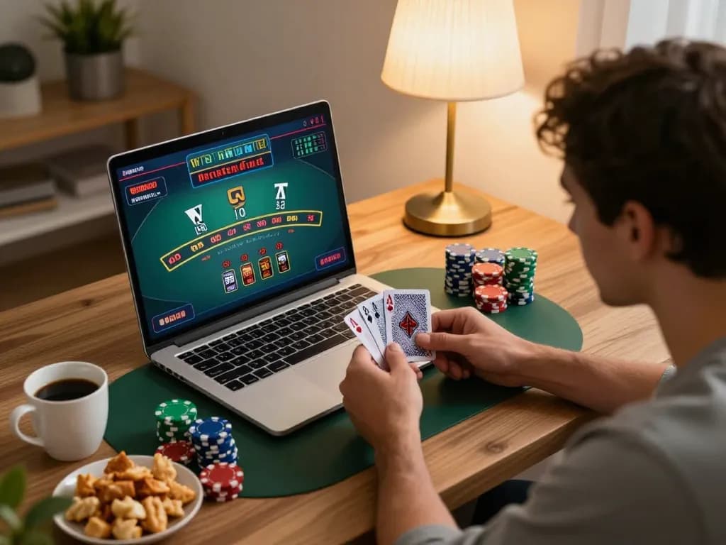 Player engaging in blackjack on kuwin's online casino platform from a cozy home setup.