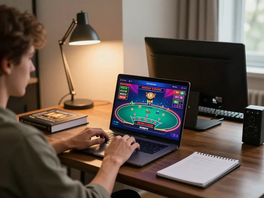 Player enjoying a dynamic F8BET online blackjack game on their laptop, surrounded by strategic notes