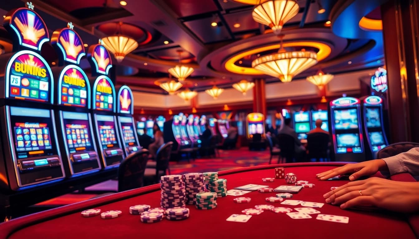 Players engaging with slot machines in a vibrant casino, showcasing excitement and entertainment.