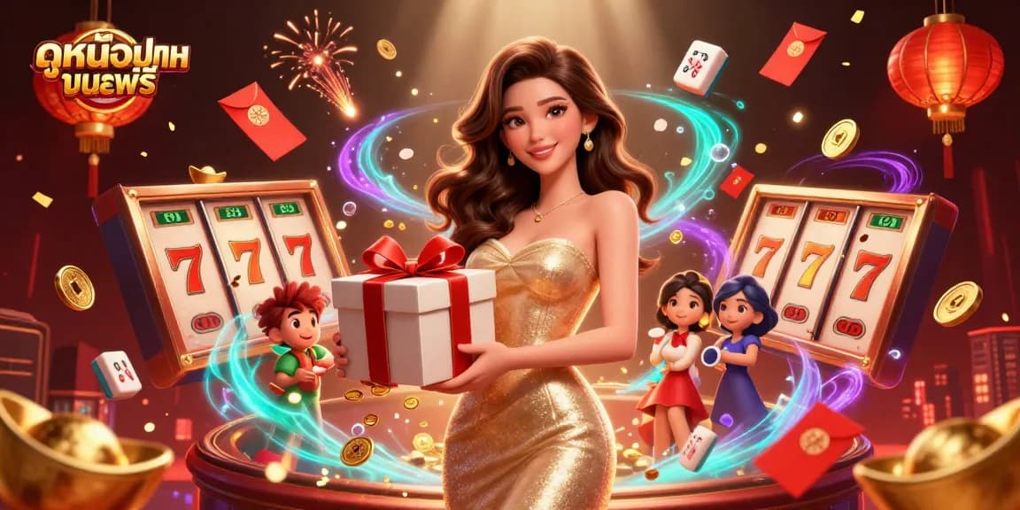 Engage with ดูหนังออนไลน์ฟรี while enjoying thrilling slot machines and festive decorations in a vibrant casino scene.