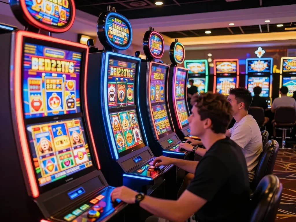 Pemain terlibat dalam pengalaman Slot Demo yang hidup di kasino mewah dengan mesin berwarna-warni.