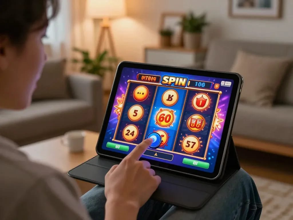 Player spinning the slots on a tablet in a cozy home setting, showcasing vibrant visuals and excitement.