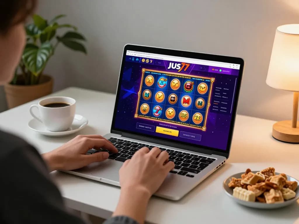 Mainkan permainan slot jus77 yang mendebarkan di setup nyaman dengan laptop dan camilan di sampingnya.