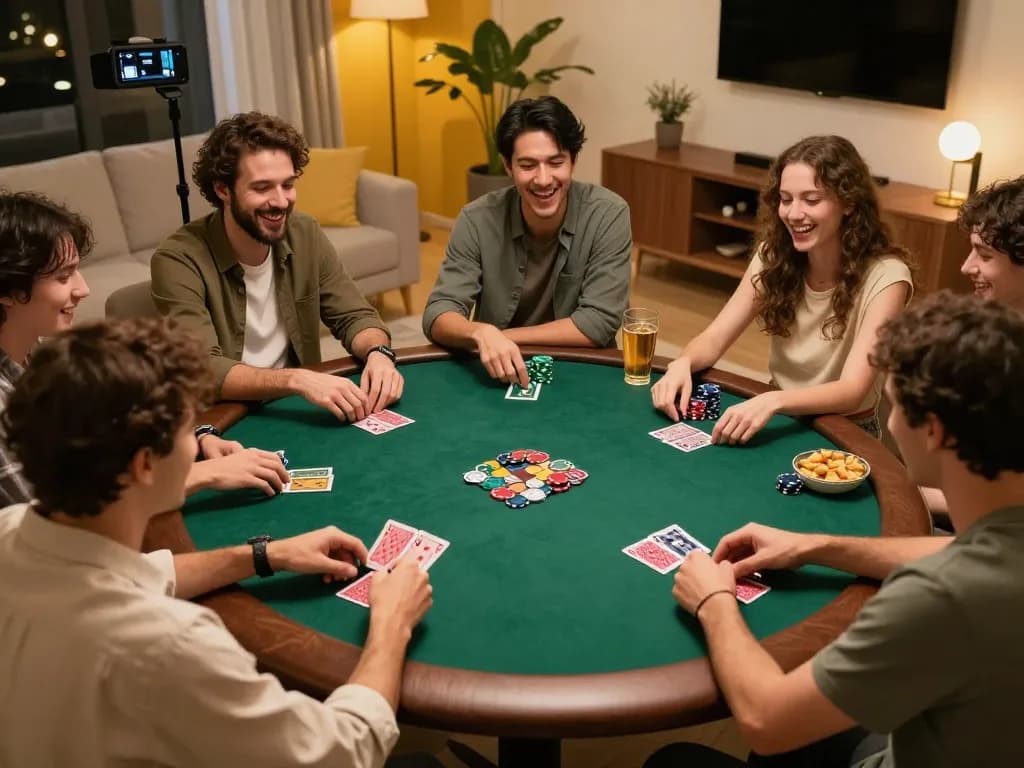 Friends enjoying a poker night at home while using strategies from tr88vina, showcasing an engaging atmosphere.