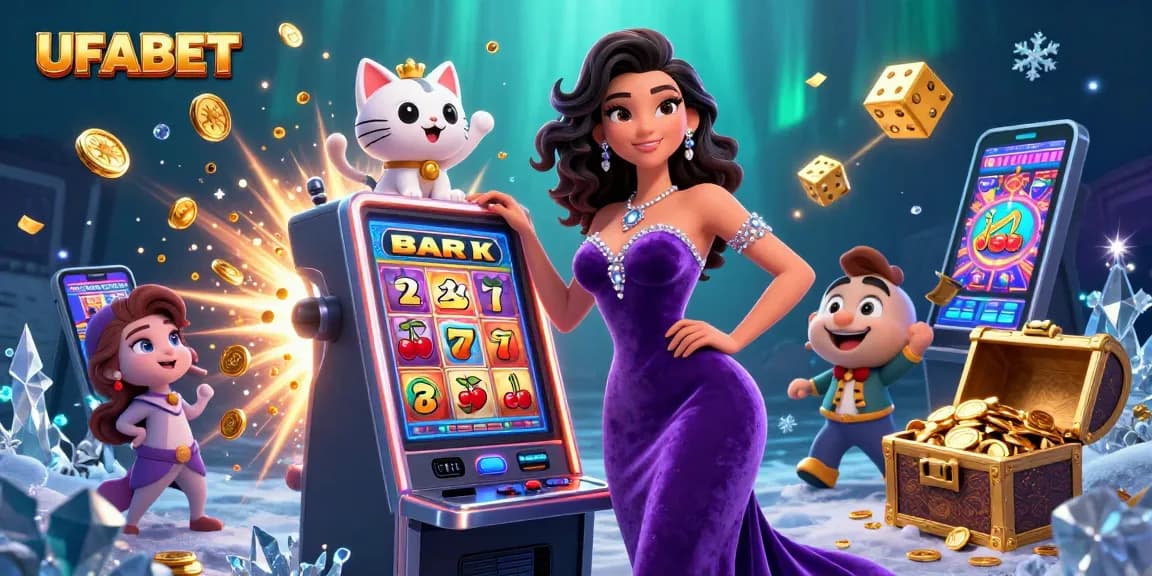 Experience thrilling jackpots and wins at UFABET with this vibrant casino illustration featuring a glamorous character.