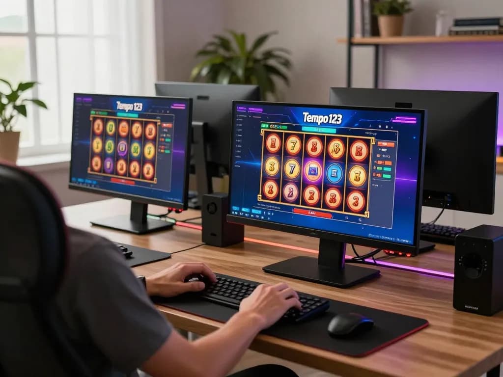 Permainan menarik pada permainan slot online Tempo 123 ditampilkan di beberapa layar dalam pengaturan yang stylish.
