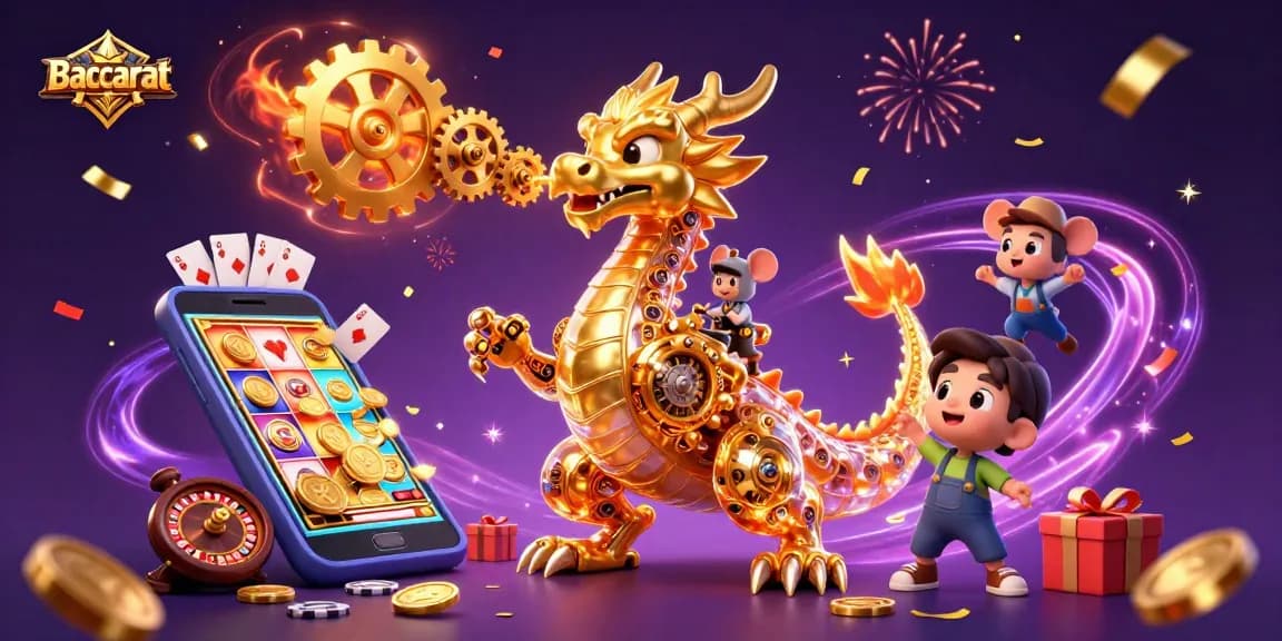 Baccarat game featuring a golden dragon exhaling golden gears and a mouse engineer amidst celebratory casino elements.