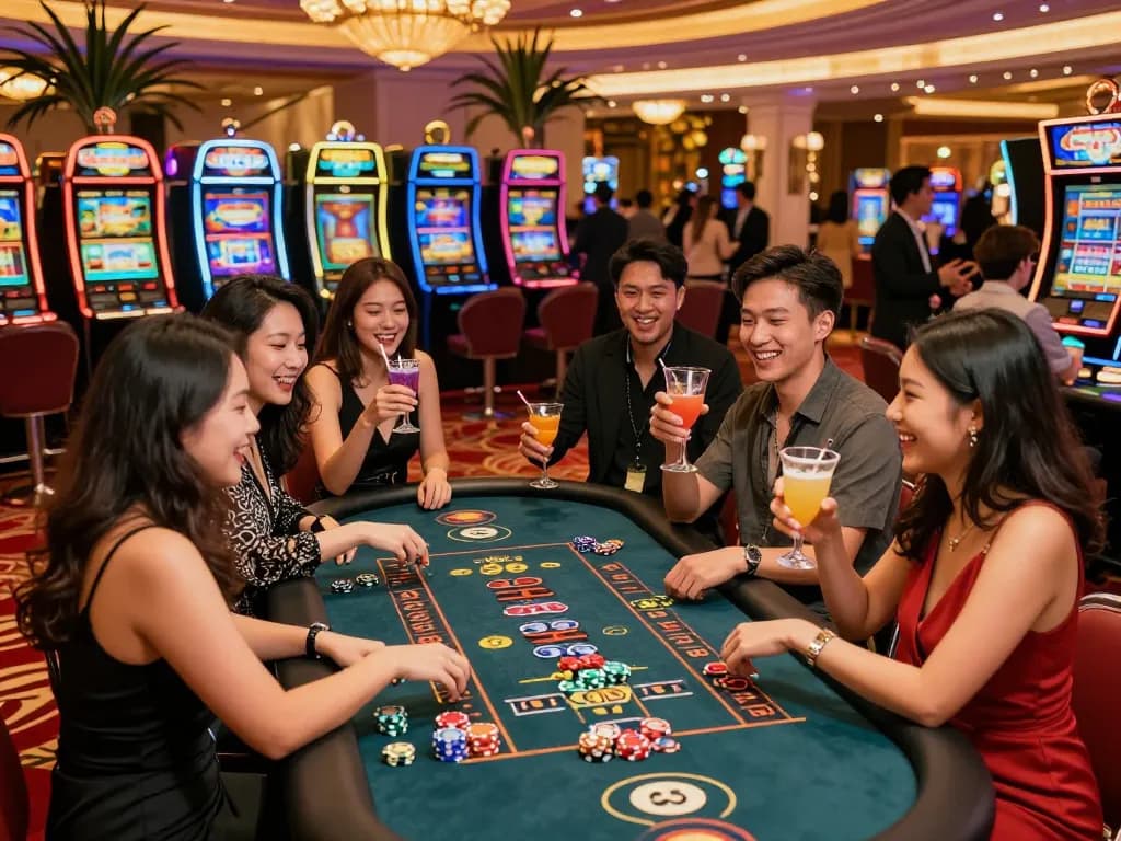 Exciting casino atmosphere in Hong Kong with friends celebrating at a gaming table.