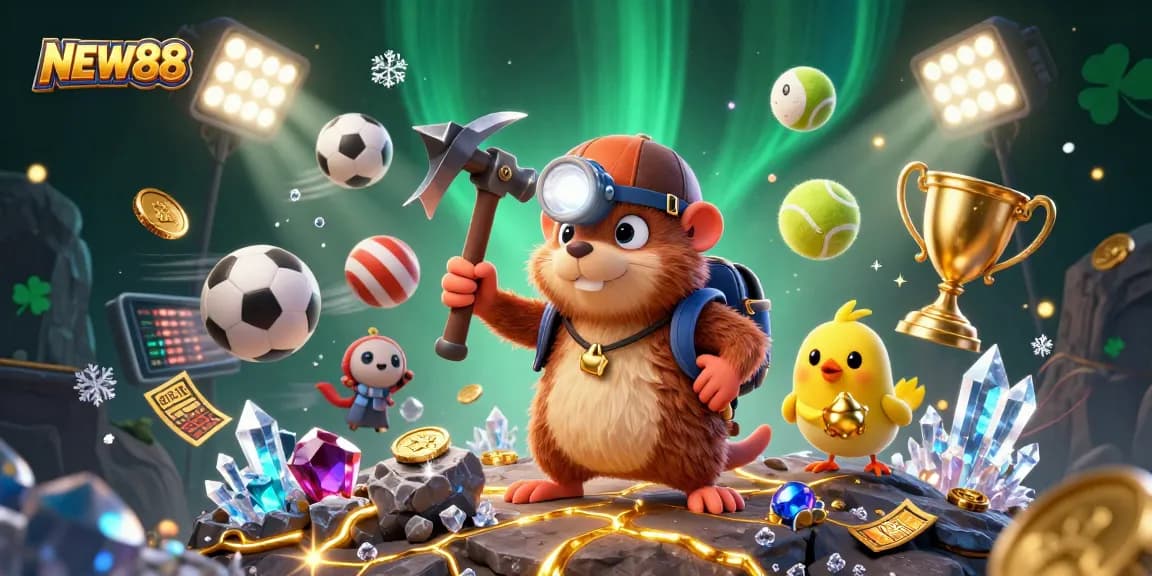 NEW88 gaming experience featuring a treasure hunter and sports excitement amidst gold coins and dynamic elements