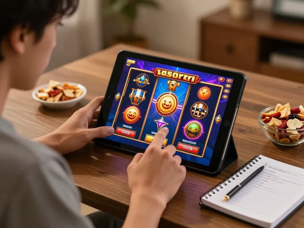 Player enjoying slot gacor gampang menang with tablet in cozy home environment, engaging gaming experience.