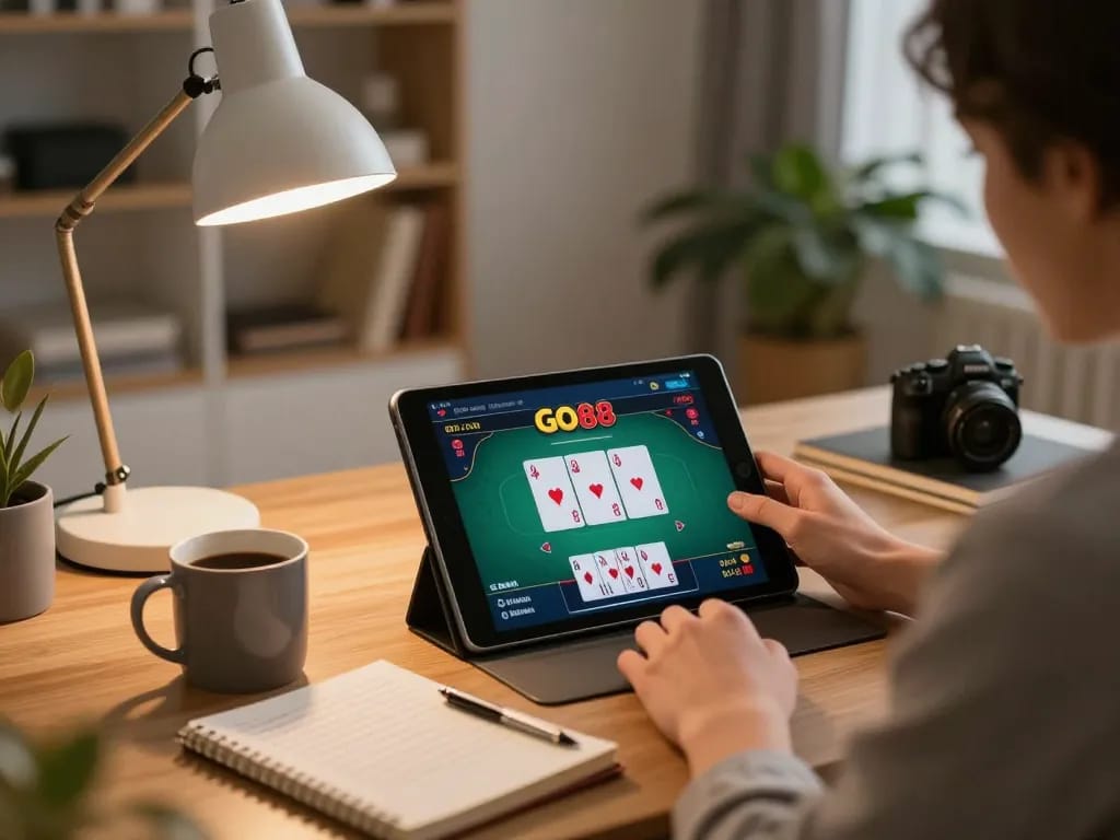 Engaging in GO88 online poker from a cozy home office with tablet and strategy notes.