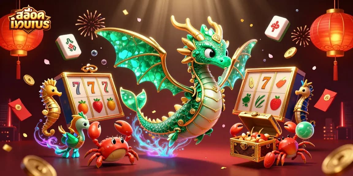 Play สล็อตทดลอง with vibrant casino elements in this dynamic 3D illustration.