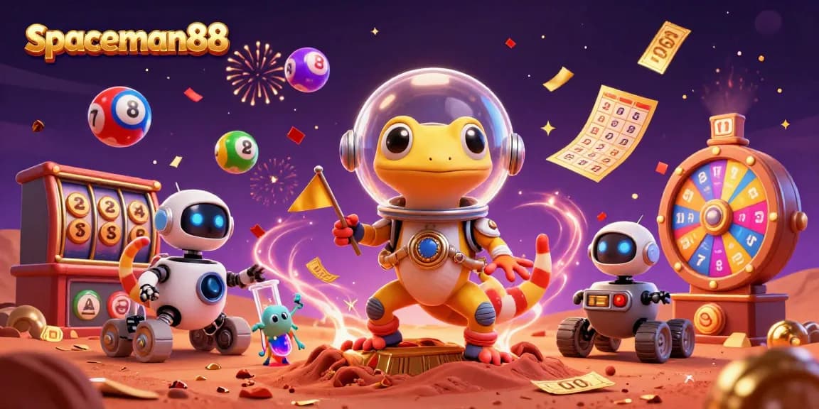 Engage with spaceman88's thrilling gaming adventure featuring a cartoon Martian gecko and jackpot elements.